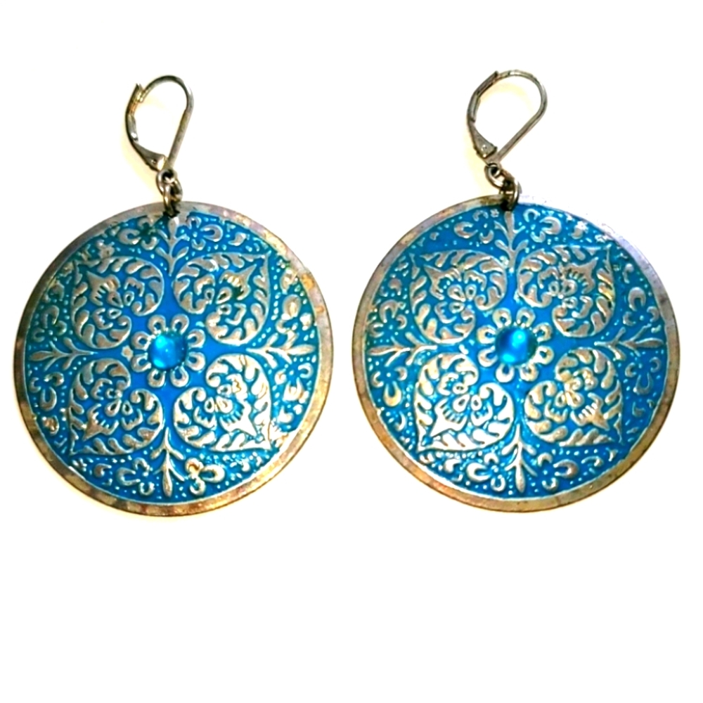 Vintage Round Blue & Silver Earrings with Blue Jewel In Center & Silver Back